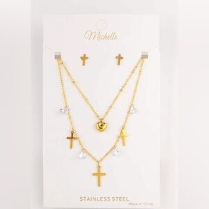 Gold Cross Necklace and Earring Set